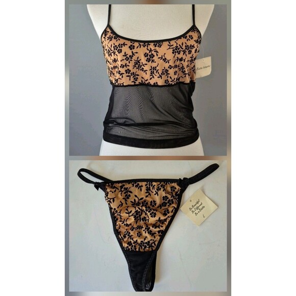 Biatta Intimates Black Brown Floral Vintage Mesh Camisole Set Womens Large/7 - Picture 1 of 10
